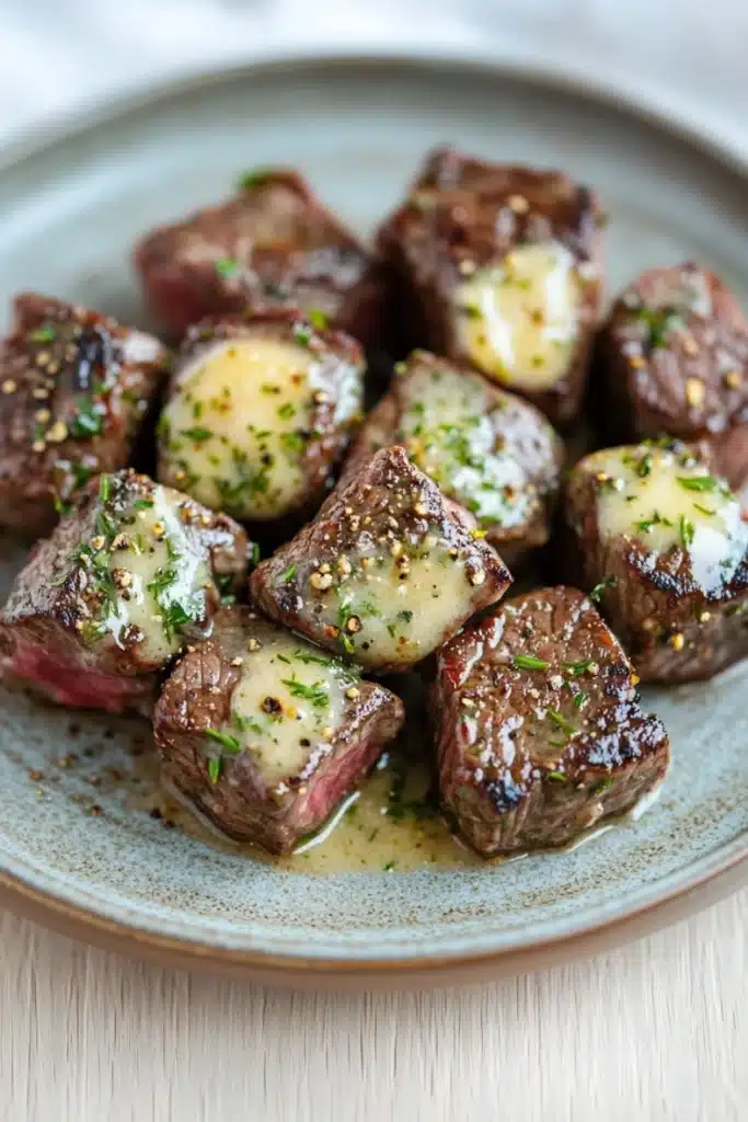 Crockpot garlic butter steak bites - the image shows a plate of cooked beef tenderloin cubes. the cubes are arranged in a circular pattern on a light blue plate with a speckled texture. each cube is covered in a creamy sauce and garnished with chopped herbs and spices. the meat appears to be cooked medium-rare and has a pinkish-red color. the plate is sitting on a wooden table with a white tablecloth in the background.
