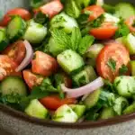 Cucumber tomato salad lebanese - the image is a close-up of a bowl of salad. the bowl is made of ceramic and has a speckled pattern. the salad is made up of sliced cucumbers, cherry tomatoes, red onions, and fresh mint leaves. the cucumbers are cut into thin slices and the tomatoes are bright red. the mint leaves are scattered throughout the salad, adding a pop of green color to the dish. the background is blurred, but it appears to be a wooden table.