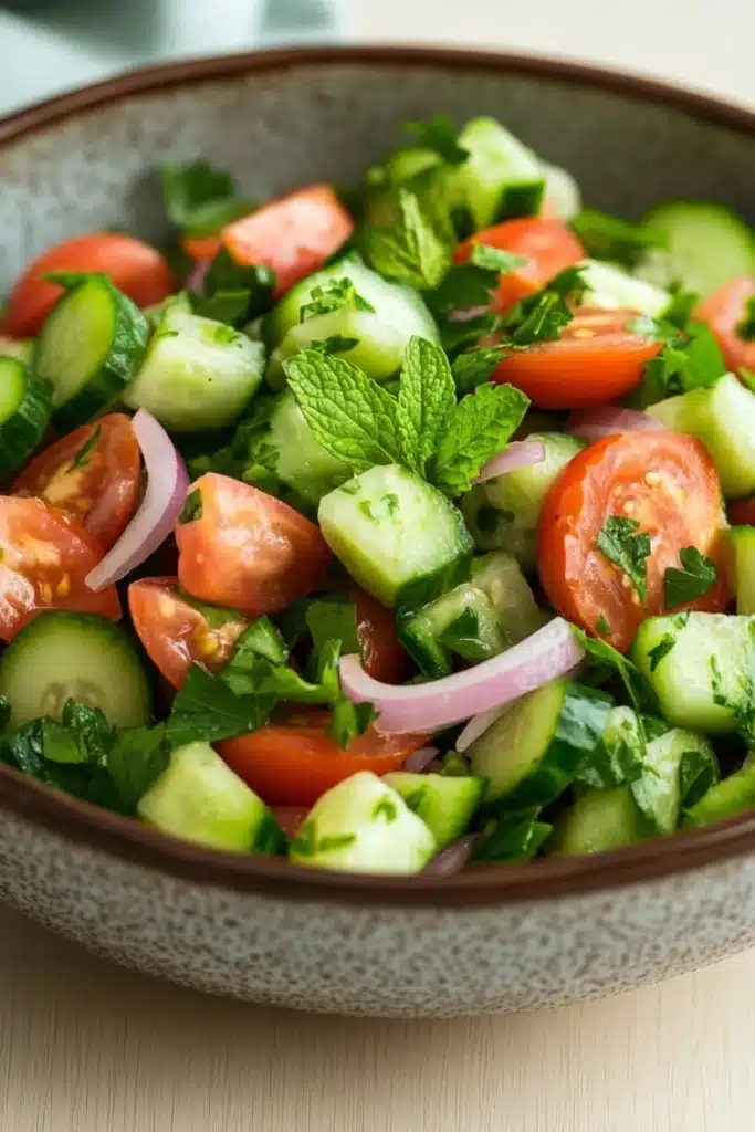 Cucumber tomato salad lebanese - the image is a close-up of a bowl of salad. the bowl is made of ceramic and has a speckled pattern. the salad is made up of sliced cucumbers, cherry tomatoes, red onions, and fresh mint leaves. the cucumbers are cut into thin slices and the tomatoes are bright red. the mint leaves are scattered throughout the salad, adding a pop of green color to the dish. the background is blurred, but it appears to be a wooden table.