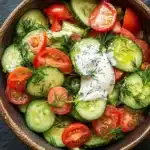 Cucumber tomato salad vinegar sour cream - the image is a close-up of a bowl of salad. the salad is made up of sliced cucumbers, cherry tomatoes, and dill. the cucumbers are cut into thin slices and are arranged in a circular pattern. the cherry tomatoes are bright red and appear to be ripe and juicy. the dill is scattered throughout the salad, adding a pop of green color to the dish. in the center of the bowl, there is a dollop of white sauce, which is drizzled over the top. the bowl is made of dark brown ceramic and is placed on a dark grey textured surface.