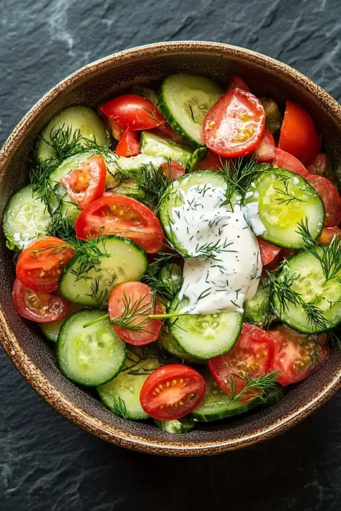 Cucumber tomato salad vinegar sour cream - the image is a close-up of a bowl of salad. the salad is made up of sliced cucumbers, cherry tomatoes, and dill. the cucumbers are cut into thin slices and are arranged in a circular pattern. the cherry tomatoes are bright red and appear to be ripe and juicy. the dill is scattered throughout the salad, adding a pop of green color to the dish. in the center of the bowl, there is a dollop of white sauce, which is drizzled over the top. the bowl is made of dark brown ceramic and is placed on a dark grey textured surface.