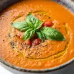 Dairy free roasted red pepper and tomato soup - the image is a close-up of a bowl of tomato soup. the soup is a bright orange color and appears to be thick and creamy. it is garnished with fresh basil leaves and small pieces of red bell pepper. the bowl is made of ceramic and has a dark brown rim. the background is a white marble countertop. the overall mood of the image is fresh and appetizing.