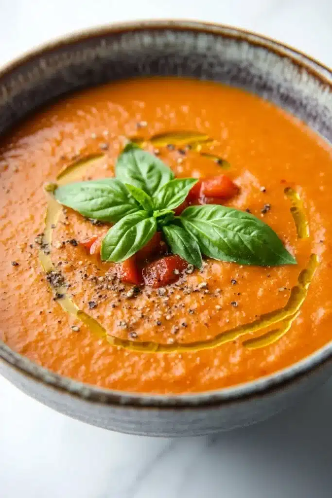 Dairy free roasted red pepper and tomato soup - the image is a close-up of a bowl of tomato soup. the soup is a bright orange color and appears to be thick and creamy. it is garnished with fresh basil leaves and small pieces of red bell pepper. the bowl is made of ceramic and has a dark brown rim. the background is a white marble countertop. the overall mood of the image is fresh and appetizing.