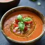 Dairy free roasted red pepper and tomato soup - the image shows two bowls of tomato soup on a black slate surface. the soup is a bright orange color and appears to be thick and creamy. it is garnished with fresh basil leaves and small pieces of diced tomatoes, onions, and black sesame seeds. the bowls are made of ceramic and have a brown rim. there are also a few sprigs of fresh basil scattered around the bowls. the background is blurred, but it seems to be a kitchen countertop.