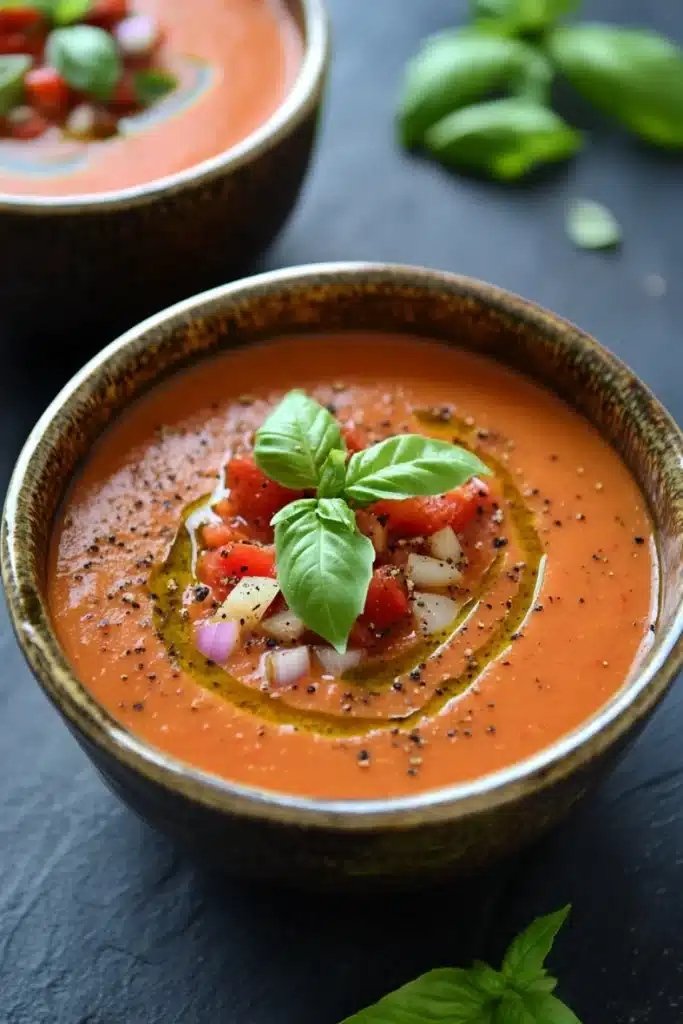 Dairy free roasted red pepper and tomato soup - the image shows two bowls of tomato soup on a black slate surface. the soup is a bright orange color and appears to be thick and creamy. it is garnished with fresh basil leaves and small pieces of diced tomatoes, onions, and black sesame seeds. the bowls are made of ceramic and have a brown rim. there are also a few sprigs of fresh basil scattered around the bowls. the background is blurred, but it seems to be a kitchen countertop.