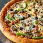 Deep dish pizza premade dough - the image is of a freshly baked pizza on a wooden cutting board. the pizza has a golden brown crust and is topped with melted cheese, sliced mushrooms, green bell peppers, and black olives. the toppings are arranged in a circular pattern on top of the cheese. the background is blurred, but it appears to be a kitchen countertop with a few utensils scattered around.