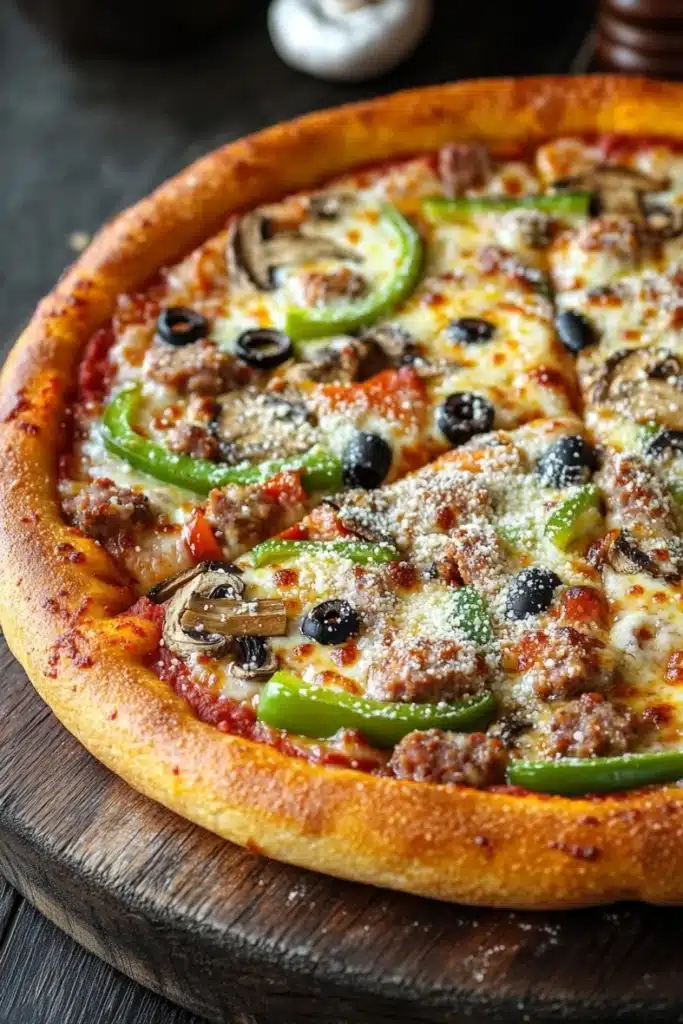 Deep dish pizza premade dough - the image is of a freshly baked pizza on a wooden cutting board. the pizza has a golden brown crust and is topped with melted cheese, sliced mushrooms, green bell peppers, and black olives. the toppings are arranged in a circular pattern on top of the cheese. the background is blurred, but it appears to be a kitchen countertop with a few utensils scattered around.