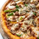 Deep dish pizza premade dough - the image is of a large pizza on a wooden cutting board. the pizza has a golden brown crust and is topped with melted cheese, sliced mushrooms, green bell peppers, and sliced onions. the toppings are arranged in a circular pattern on top of the pizza. the background is a white marble countertop.