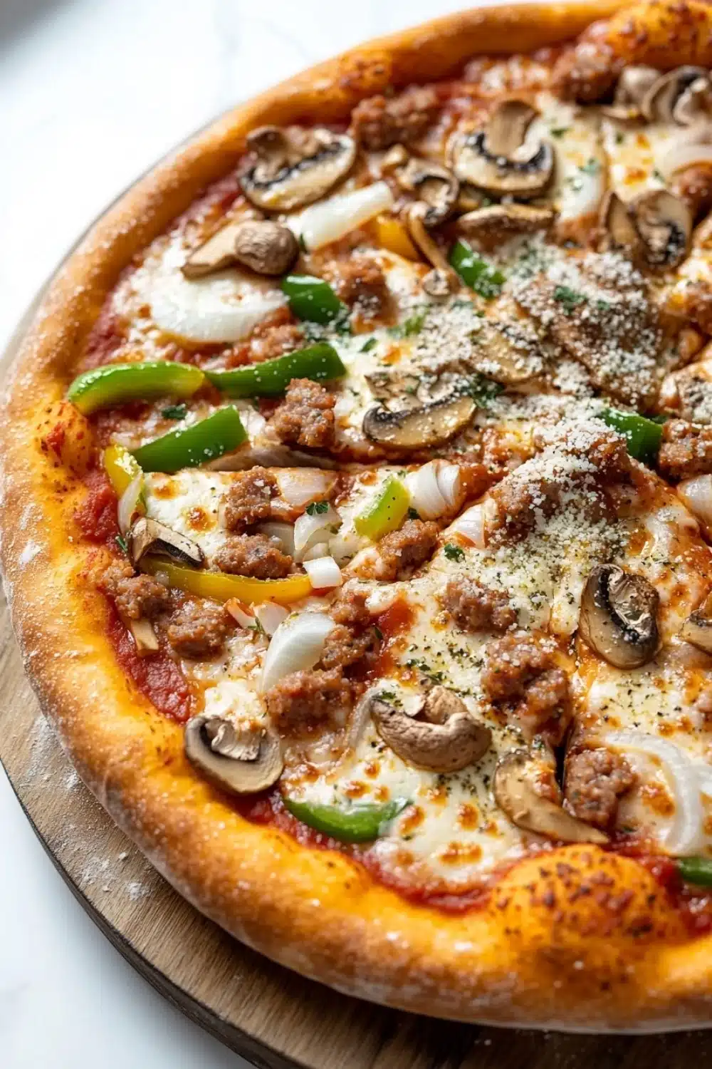 Deep dish pizza premade dough - the image is of a large pizza on a wooden cutting board. the pizza has a golden brown crust and is topped with melted cheese, sliced mushrooms, green bell peppers, and sliced onions. the toppings are arranged in a circular pattern on top of the pizza. the background is a white marble countertop.