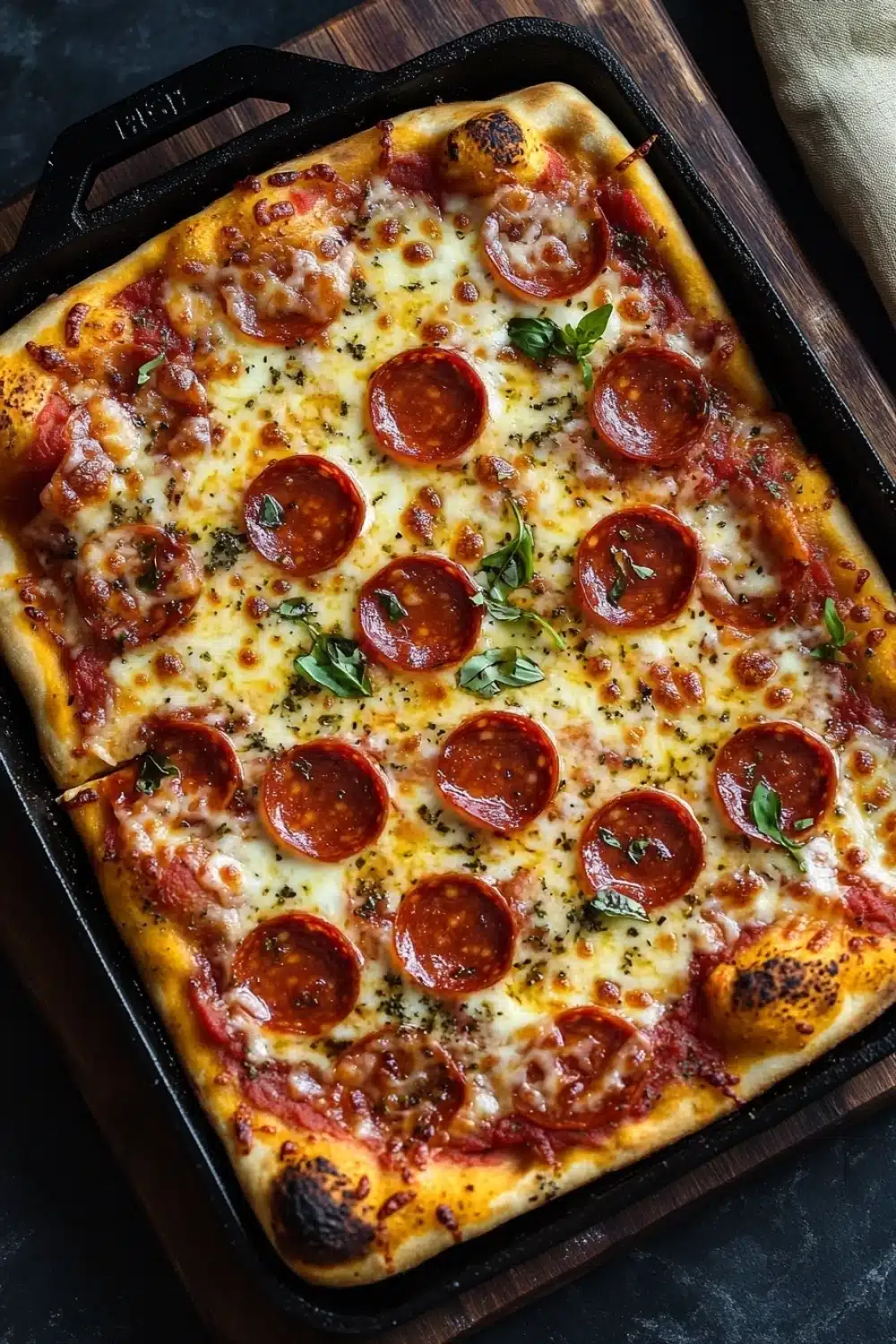 Detroit style pizza in cast iron - the image is of a freshly baked pepperoni pizza in a black cast iron skillet. the pizza is rectangular in shape and has a golden brown crust. it is topped with melted cheese, red pepperoni slices, and small chunks of tomato sauce. there are also some fresh basil leaves scattered on top of the pizza. the skillet is sitting on a dark countertop with a beige cloth napkin on the side.