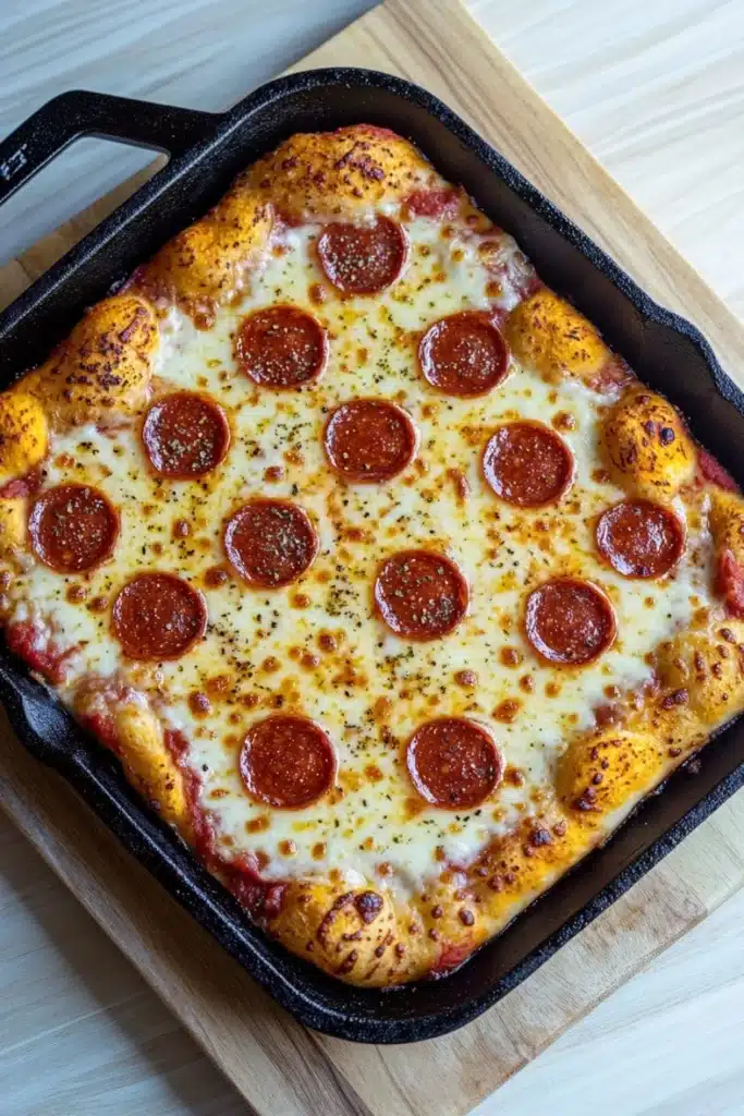 Detroit style pizza in cast iron - the image shows a rectangular pizza in a black cast iron skillet on a wooden cutting board. the pizza has a golden brown crust and is topped with melted cheese and pepperoni. the pepperoni is arranged in a circular pattern on top of the cheese. the skillet is sitting on a white countertop.
