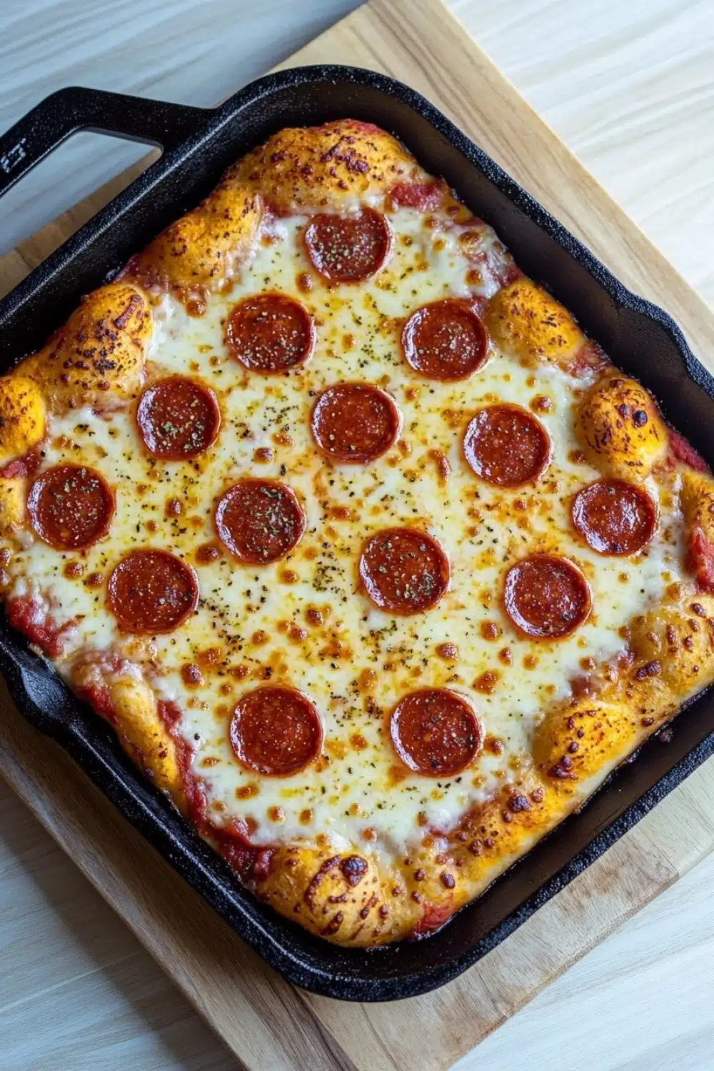 Detroit style pizza in cast iron - the image shows a rectangular pizza in a black cast iron skillet on a wooden cutting board. the pizza has a golden brown crust and is topped with melted cheese and pepperoni. the pepperoni is arranged in a circular pattern on top of the cheese. the skillet is sitting on a white countertop.