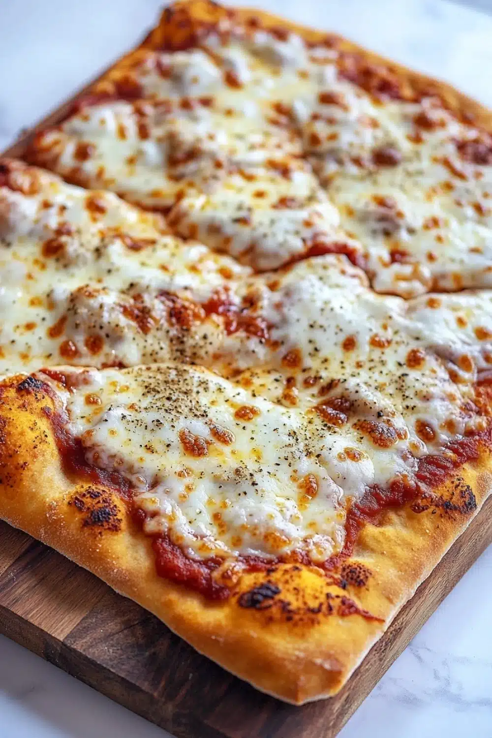 Detroit style pizza with frozen bread dough - the image shows a square pizza on a wooden cutting board. the pizza has a golden brown crust and is topped with melted white cheese and red sauce. the cheese appears to be melted and bubbly, and there are small black pepper sprinkled on top. the cutting board is placed on a white marble countertop.