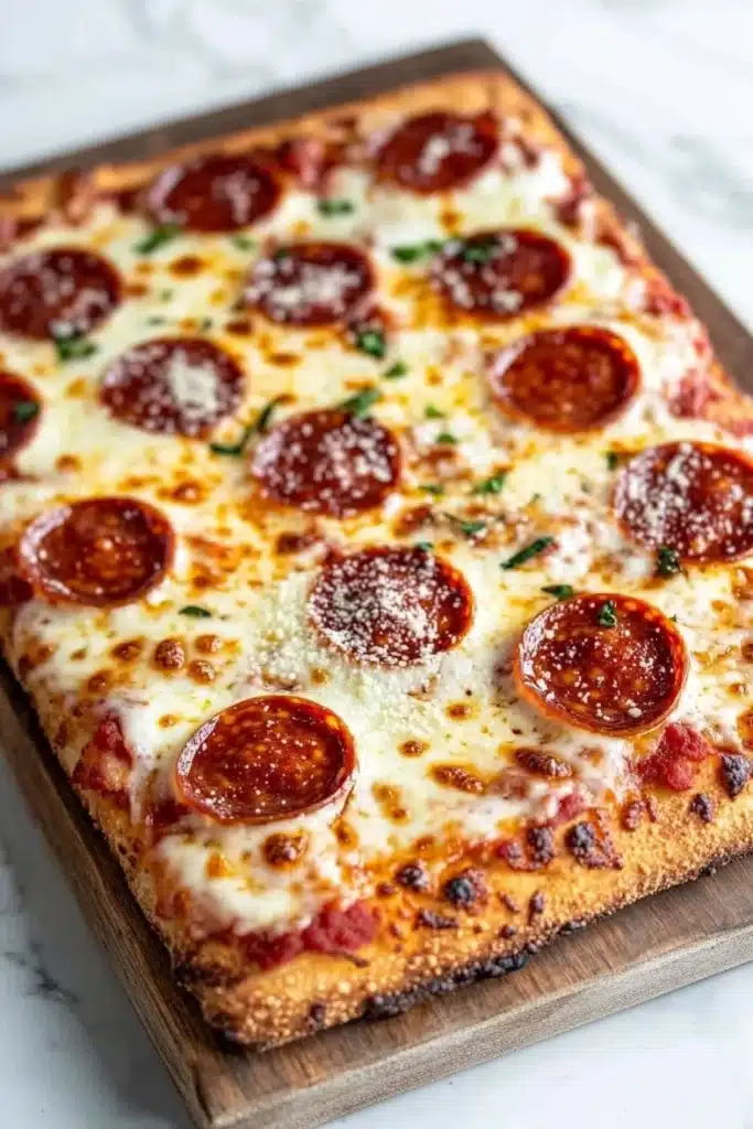 Detroit style pizza with frozen bread dough - the image is of a freshly baked pepperoni pizza on a wooden cutting board. the pizza is rectangular in shape and has a golden brown crust. the top of the pizza is covered in a generous layer of melted cheese, which is spread evenly over the crust. there are several slices of pepperoni arranged in a circular pattern, with some overlapping each other. the pepperoni is red and appears to be seasoned with herbs and spices. the cutting board is placed on a white marble countertop.