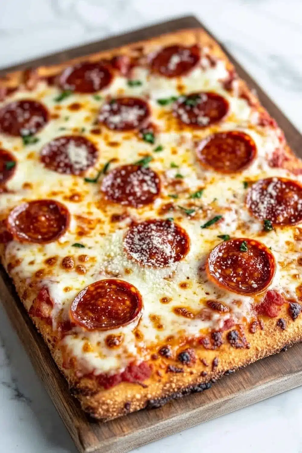 Detroit style pizza with frozen bread dough - the image is of a freshly baked pepperoni pizza on a wooden cutting board. the pizza is rectangular in shape and has a golden brown crust. the top of the pizza is covered in a generous layer of melted cheese, which is spread evenly over the crust. there are several slices of pepperoni arranged in a circular pattern, with some overlapping each other. the pepperoni is red and appears to be seasoned with herbs and spices. the cutting board is placed on a white marble countertop.