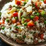 Dinner with ground beef and rice - the image is a close-up of a dish in a brown bowl. the dish appears to be a type of rice dish with ground beef, diced tomatoes, green peas, and onions mixed in. the rice is white and fluffy, and the ground beef is a dark brown color. the vegetables are bright red and appear to be diced into small cubes. the onions are cut into thin strips and are scattered throughout the dish. the bowl is sitting on a dark, textured surface, possibly a table or countertop.