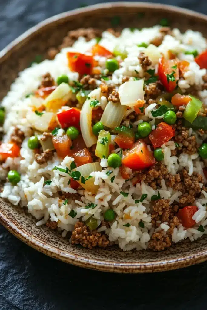 Dinner with ground beef and rice - the image is a close-up of a dish in a brown bowl. the dish appears to be a type of rice dish with ground beef, diced tomatoes, green peas, and onions mixed in. the rice is white and fluffy, and the ground beef is a dark brown color. the vegetables are bright red and appear to be diced into small cubes. the onions are cut into thin strips and are scattered throughout the dish. the bowl is sitting on a dark, textured surface, possibly a table or countertop.
