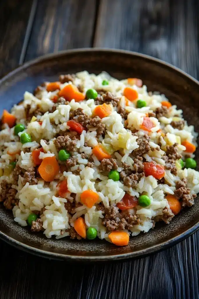 Dinner with ground beef and rice - the image shows a plate of fried rice with minced meat and vegetables. the rice is white and fluffy, and the meat appears to be ground beef. the vegetables include carrots, peas, and onions. the plate is brown and has a textured surface. the background is a dark wooden table.