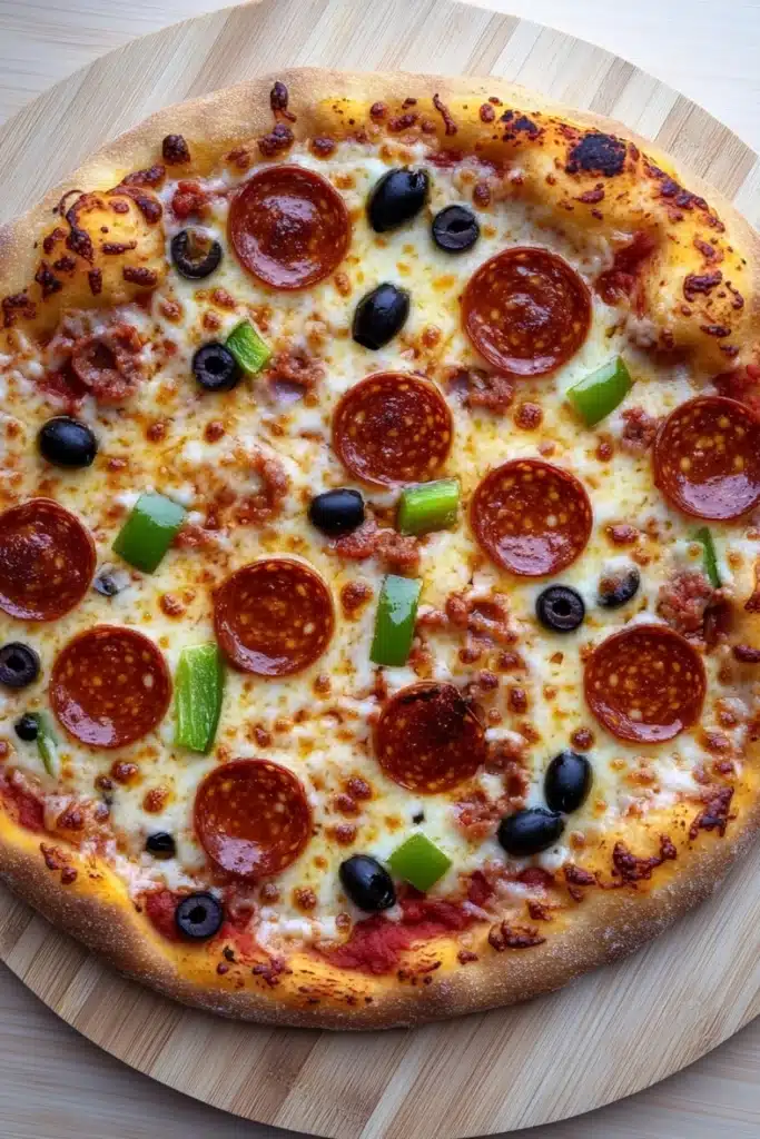 Diy sheet pan pizza - the image is of a pepperoni pizza on a wooden cutting board. the pizza is round and has a golden brown crust. it is topped with melted cheese, pepperoni slices, green bell peppers, and black olives. the pepperoni is arranged in a circular pattern on top of the cheese. the olives are scattered around the pizza, adding a pop of color to the dish. the cutting board is placed on a white wooden table.