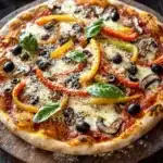 Diy sheet pan pizza - the image is of a freshly baked pizza on a wooden cutting board. the pizza is topped with a variety of toppings, including sliced red and yellow bell peppers, black olives, and basil leaves. the toppings are arranged in a circular pattern, with some overlapping each other. the crust of the pizza is golden brown and appears to be freshly baked. the background is a dark wooden table with a few sprigs of fresh basil scattered around. there is also a small wooden pepper mill and a red pepper on the table. the overall mood of the image is rustic and appetizing.