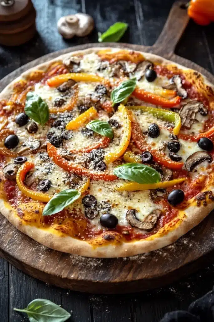 Diy sheet pan pizza - the image is of a freshly baked pizza on a wooden cutting board. the pizza is topped with a variety of toppings, including sliced red and yellow bell peppers, black olives, and basil leaves. the toppings are arranged in a circular pattern, with some overlapping each other. the crust of the pizza is golden brown and appears to be freshly baked. the background is a dark wooden table with a few sprigs of fresh basil scattered around. there is also a small wooden pepper mill and a red pepper on the table. the overall mood of the image is rustic and appetizing.