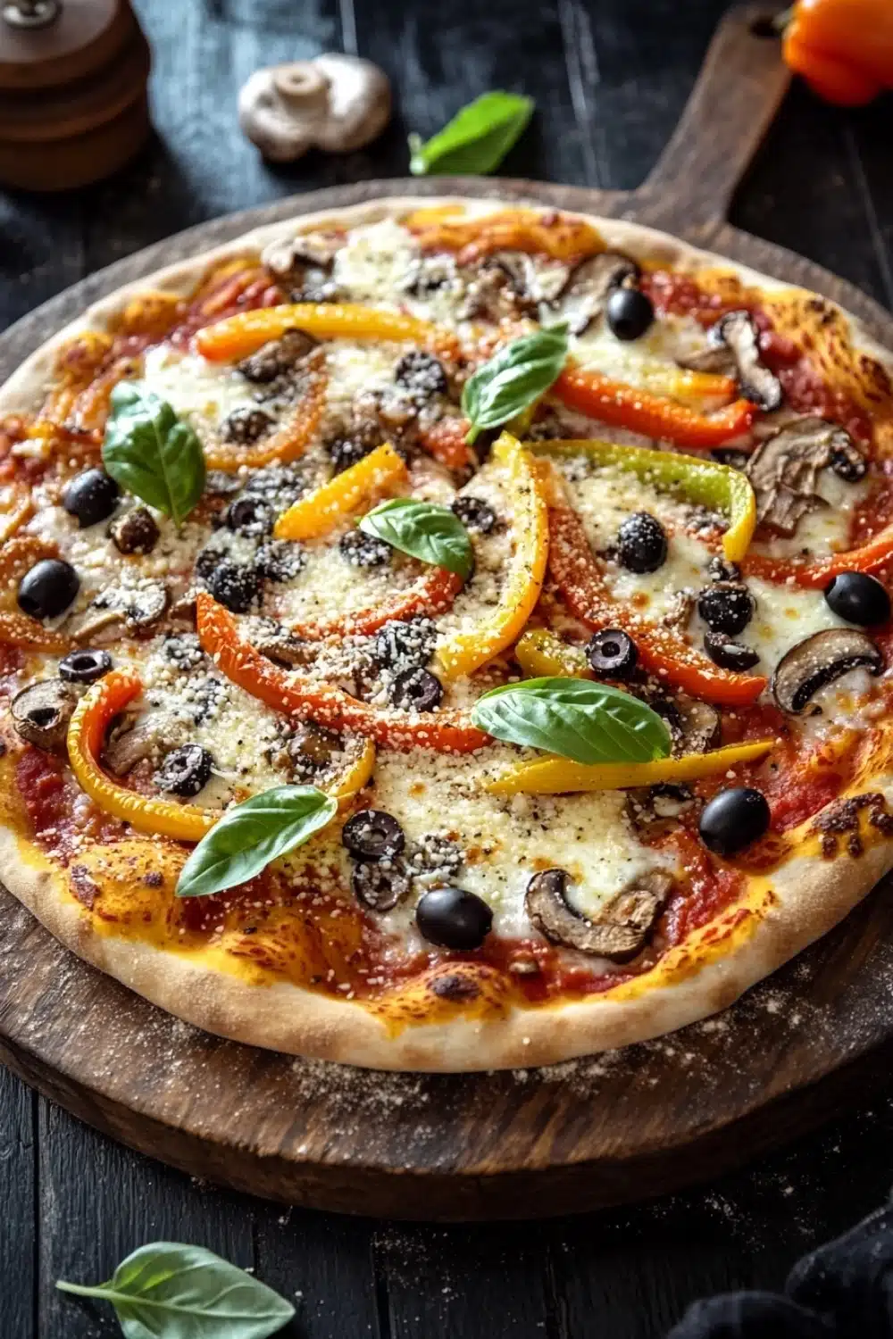 Diy sheet pan pizza - the image is of a freshly baked pizza on a wooden cutting board. the pizza is topped with a variety of toppings, including sliced red and yellow bell peppers, black olives, and basil leaves. the toppings are arranged in a circular pattern, with some overlapping each other. the crust of the pizza is golden brown and appears to be freshly baked. the background is a dark wooden table with a few sprigs of fresh basil scattered around. there is also a small wooden pepper mill and a red pepper on the table. the overall mood of the image is rustic and appetizing.