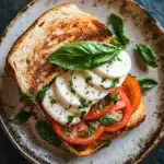 Elevated caprese sandwich - the image is a close-up of a sandwich on a plate. the sandwich is made with two slices of toasted bread, topped with sliced tomatoes and a dollop of mozzarella cheese. the tomatoes are bright red and appear to be fresh, while the cheese is white and fluffy. there are also a few fresh basil leaves scattered around the plate, adding a pop of green color to the dish. the plate is brown and has a textured surface. the background is a dark grey color, making the sandwich stand out.