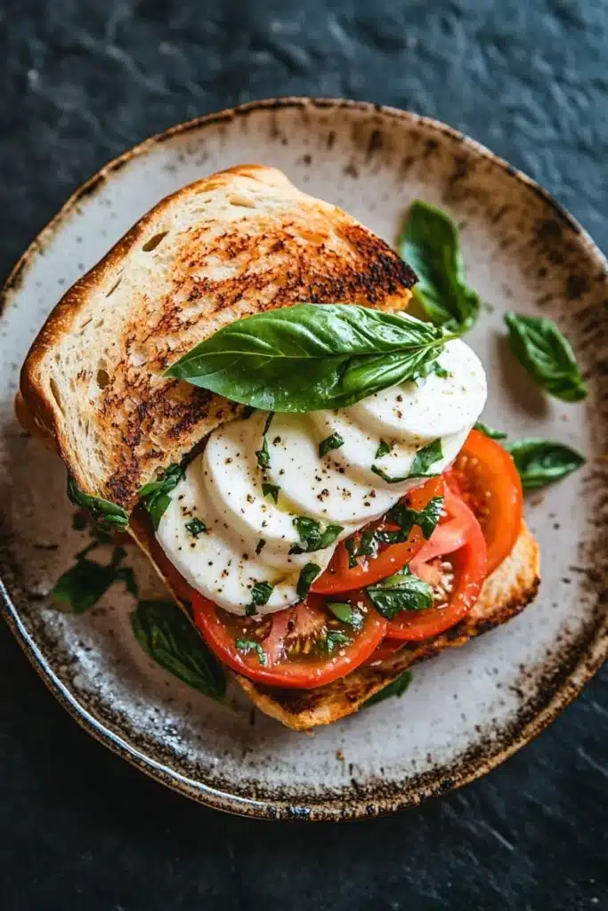 Elevated caprese sandwich - the image is a close-up of a sandwich on a plate. the sandwich is made with two slices of toasted bread, topped with sliced tomatoes and a dollop of mozzarella cheese. the tomatoes are bright red and appear to be fresh, while the cheese is white and fluffy. there are also a few fresh basil leaves scattered around the plate, adding a pop of green color to the dish. the plate is brown and has a textured surface. the background is a dark grey color, making the sandwich stand out.