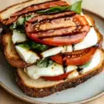 Elevated caprese sandwich - the image shows a sandwich on a white plate. the sandwich is made with two slices of toasted bread, topped with sliced tomatoes, mozzarella cheese, and fresh basil leaves. the tomatoes are arranged in a circular pattern on top of the cheese, with the basil leaves scattered around them. the cheese is melted and bubbly, and the tomato slices are drizzled with a dark sauce. the plate is sitting on a wooden table.