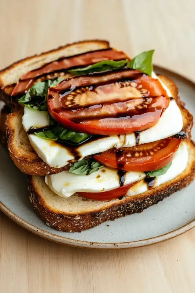 Elevated caprese sandwich - the image shows a sandwich on a white plate. the sandwich is made with two slices of toasted bread, topped with sliced tomatoes, mozzarella cheese, and fresh basil leaves. the tomatoes are arranged in a circular pattern on top of the cheese, with the basil leaves scattered around them. the cheese is melted and bubbly, and the tomato slices are drizzled with a dark sauce. the plate is sitting on a wooden table.