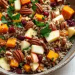 Fall harvest quinoa salad - the image is a close-up of a bowl of quinoa salad. the bowl is made of ceramic and is placed on a wooden table. the quinoa is a light brown color and is mixed with various ingredients such as sliced apples, butternut squash, cranberries, and pecans. the salad is garnished with fresh parsley. the colors of the ingredients are vibrant and the dish looks fresh and appetizing.