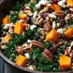 Fall harvest quinoa salad - the image is a close-up of a bowl of salad. the bowl is made of dark brown ceramic and is placed on a wooden table. the salad is made up of kale, butternut squash, cranberries, and pecans, and is topped with crumbled feta cheese. the colors of the ingredients are vibrant and the dish looks fresh and appetizing.