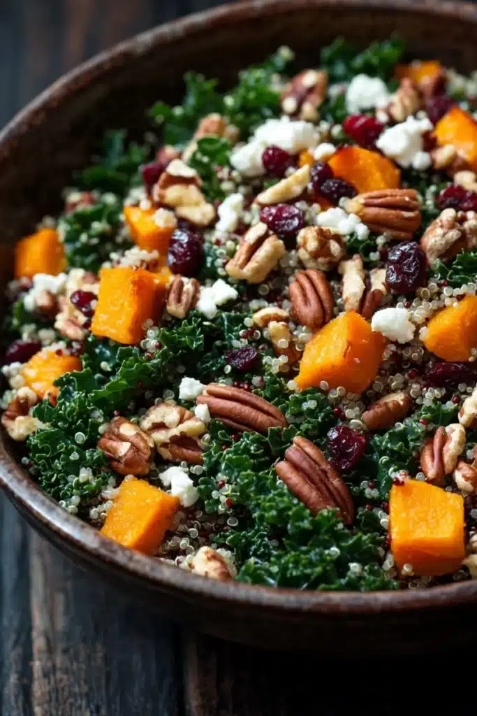 Fall harvest quinoa salad - the image is a close-up of a bowl of salad. the bowl is made of dark brown ceramic and is placed on a wooden table. the salad is made up of kale, butternut squash, cranberries, and pecans, and is topped with crumbled feta cheese. the colors of the ingredients are vibrant and the dish looks fresh and appetizing.