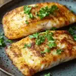 File de tilapia na air fryer - the image shows two pieces of cooked fish on a dark blue plate. the fish appears to be halibut, with a golden-brown color and a crispy texture. they are garnished with fresh parsley leaves, adding a pop of green color to the dish. the plate is sitting on a wooden table, and the background is blurred, making the fish the focal point of the image.