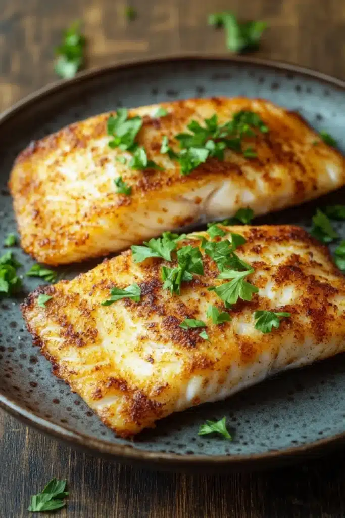 File de tilapia na air fryer - the image shows two pieces of cooked fish on a dark blue plate. the fish appears to be halibut, with a golden-brown color and a crispy texture. they are garnished with fresh parsley leaves, adding a pop of green color to the dish. the plate is sitting on a wooden table, and the background is blurred, making the fish the focal point of the image.