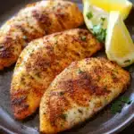 File de tilapia na air fryer - the image shows three pieces of breaded fish on a dark brown plate. the fish appears to be seasoned with herbs and spices, giving it a golden brown color. there are two lemon wedges on the plate, one on each side, and a sprig of parsley on the side. the plate is sitting on a wooden table.
