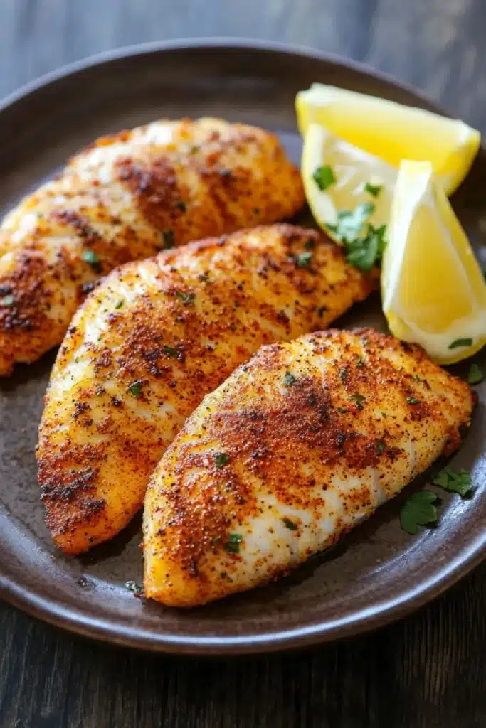 File de tilapia na air fryer - the image shows three pieces of breaded fish on a dark brown plate. the fish appears to be seasoned with herbs and spices, giving it a golden brown color. there are two lemon wedges on the plate, one on each side, and a sprig of parsley on the side. the plate is sitting on a wooden table.