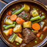 Freezer vegetable beef stew - the image is a close-up of a bowl of beef stew. the stew is made with chunks of beef, potatoes, carrots, green beans, and other vegetables. the beef is cooked medium-rare and appears to be seasoned with herbs and spices. the vegetables are mixed in with the stew, creating a rich and flavorful dish. the bowl is made of ceramic and is sitting on a wooden table. the background is blurred, making the bowl the focal point of the image.