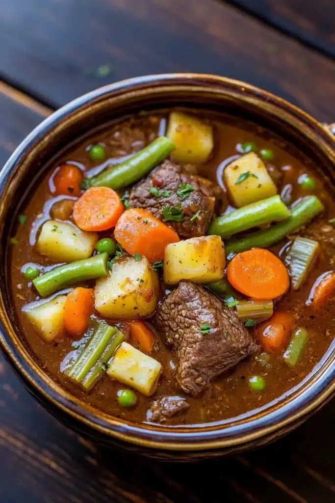 Freezer vegetable beef stew - the image is a close-up of a bowl of beef stew. the stew is made with chunks of beef, potatoes, carrots, green beans, and other vegetables. the beef is cooked medium-rare and appears to be seasoned with herbs and spices. the vegetables are mixed in with the stew, creating a rich and flavorful dish. the bowl is made of ceramic and is sitting on a wooden table. the background is blurred, making the bowl the focal point of the image.