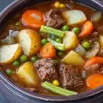 Freezer vegetable beef stew - the image is a close-up of a bowl of beef stew. the bowl is made of dark brown ceramic and is sitting on a dark grey countertop. the stew is made up of chunks of beef, potatoes, carrots, green peas, and onions. the beef appears to be cooked medium-rare and is visible in the broth. the vegetables are bright orange and look fresh and vibrant. the broth is thick and thick, and the vegetables are arranged in a way that creates a colorful and appetizing appearance.