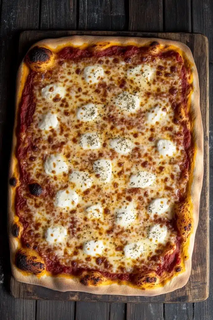 Full sheet pan pizza - the image is of a freshly baked pizza on a wooden cutting board. the pizza is rectangular in shape and has a golden brown crust. it is topped with melted cheese and small black pepper sprinkled on top. the cheese appears to be melted and bubbly, and there are small pieces of tomato sauce scattered throughout the pizza. the background is a dark wooden table with a rustic texture. the overall mood of the image is warm and inviting.