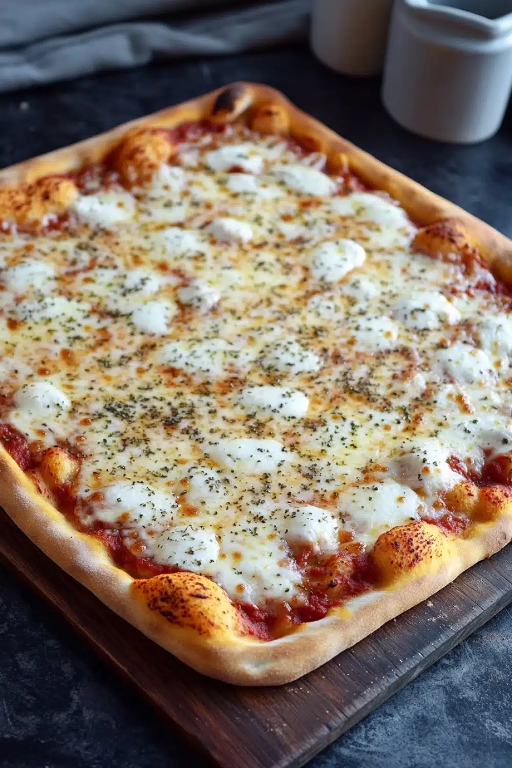 Full sheet pan pizza - the image shows a freshly baked pizza on a wooden cutting board. the pizza has a golden brown crust and is topped with melted cheese and small chunks of tomato sauce. the cheese is white and appears to be melted and bubbly. there are also small black pepper sprinkled on top of the cheese. in the background, there is a white pitcher and a gray cloth napkin. the cutting board is placed on a dark countertop.