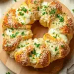 Garlic bread wreath - the image shows a round wooden cutting board with a freshly baked pizza on it. the pizza is golden brown and has a flaky crust. it is topped with melted cheese and fresh herbs, giving it a golden-brown color. the cutting board is placed on a white wooden table with a few sprigs of parsley scattered around it. a beige napkin is visible on the right side of the image.