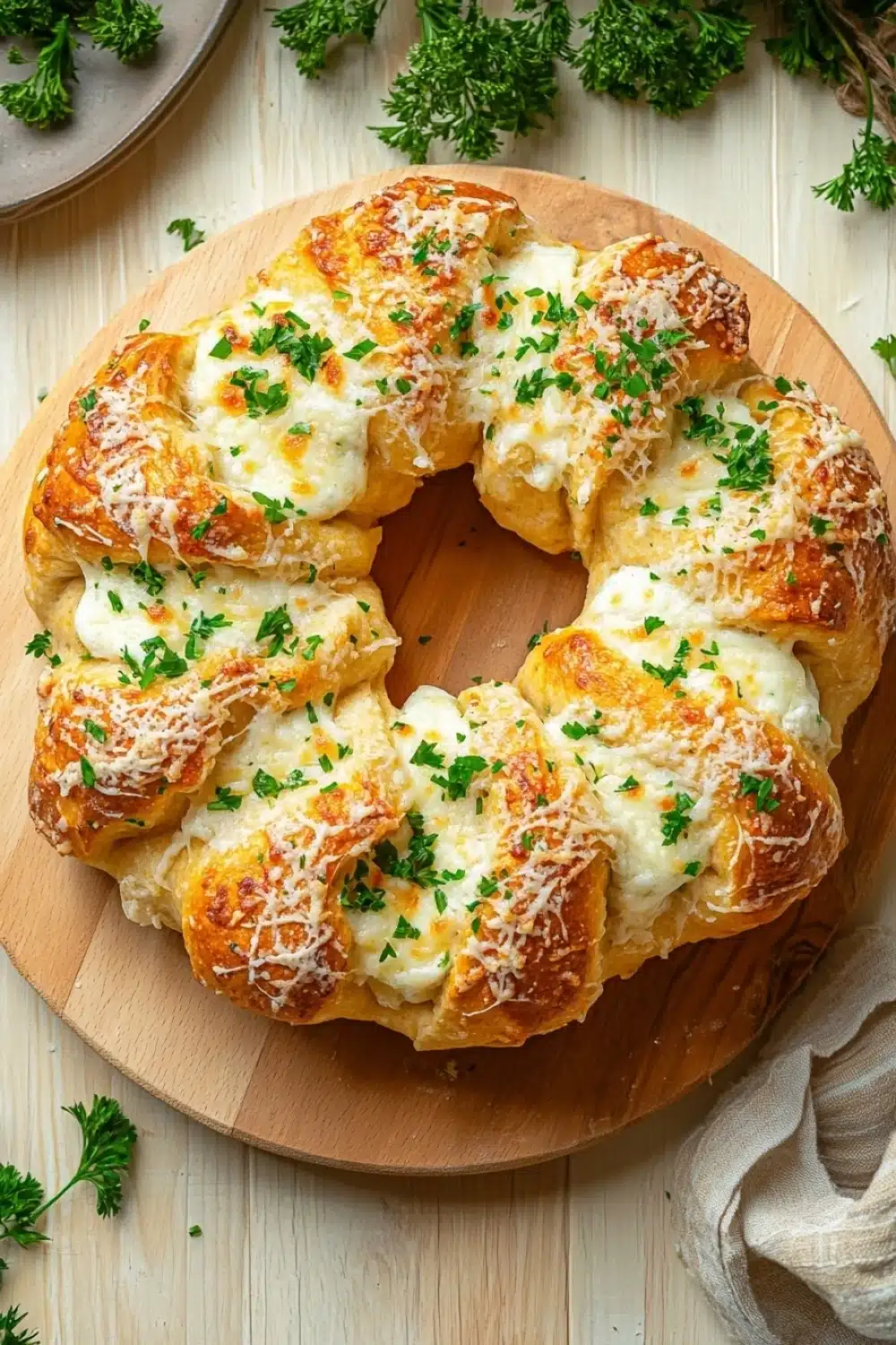 Garlic bread wreath - the image shows a round wooden cutting board with a freshly baked pizza on it. the pizza is golden brown and has a flaky crust. it is topped with melted cheese and fresh herbs, giving it a golden-brown color. the cutting board is placed on a white wooden table with a few sprigs of parsley scattered around it. a beige napkin is visible on the right side of the image.