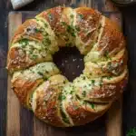 Garlic bread wreath - the image shows a freshly baked loaf of bread on a wooden cutting board. the bread is golden brown in color and has a criss-cross pattern on top. it is topped with a generous amount of melted cheese and sprinkled with chopped herbs. there is a small bowl of chopped parsley on the right side of the cutting board and a beige cloth napkin on the left side. the cutting board is placed on a dark wooden table.
