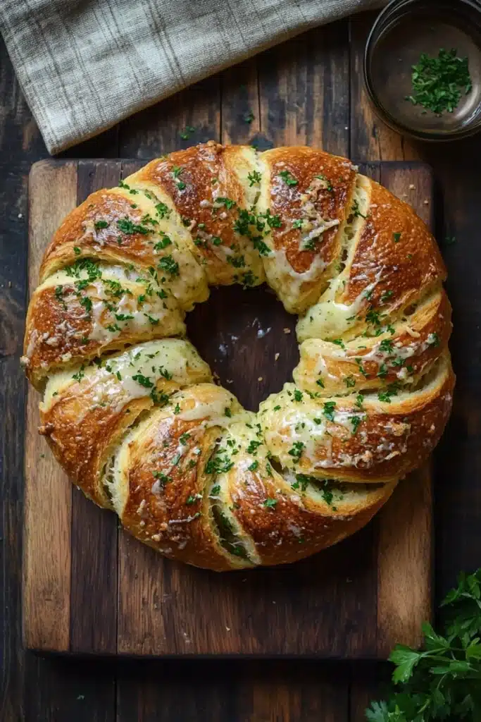 Garlic bread wreath - the image shows a freshly baked loaf of bread on a wooden cutting board. the bread is golden brown in color and has a criss-cross pattern on top. it is topped with a generous amount of melted cheese and sprinkled with chopped herbs. there is a small bowl of chopped parsley on the right side of the cutting board and a beige cloth napkin on the left side. the cutting board is placed on a dark wooden table.