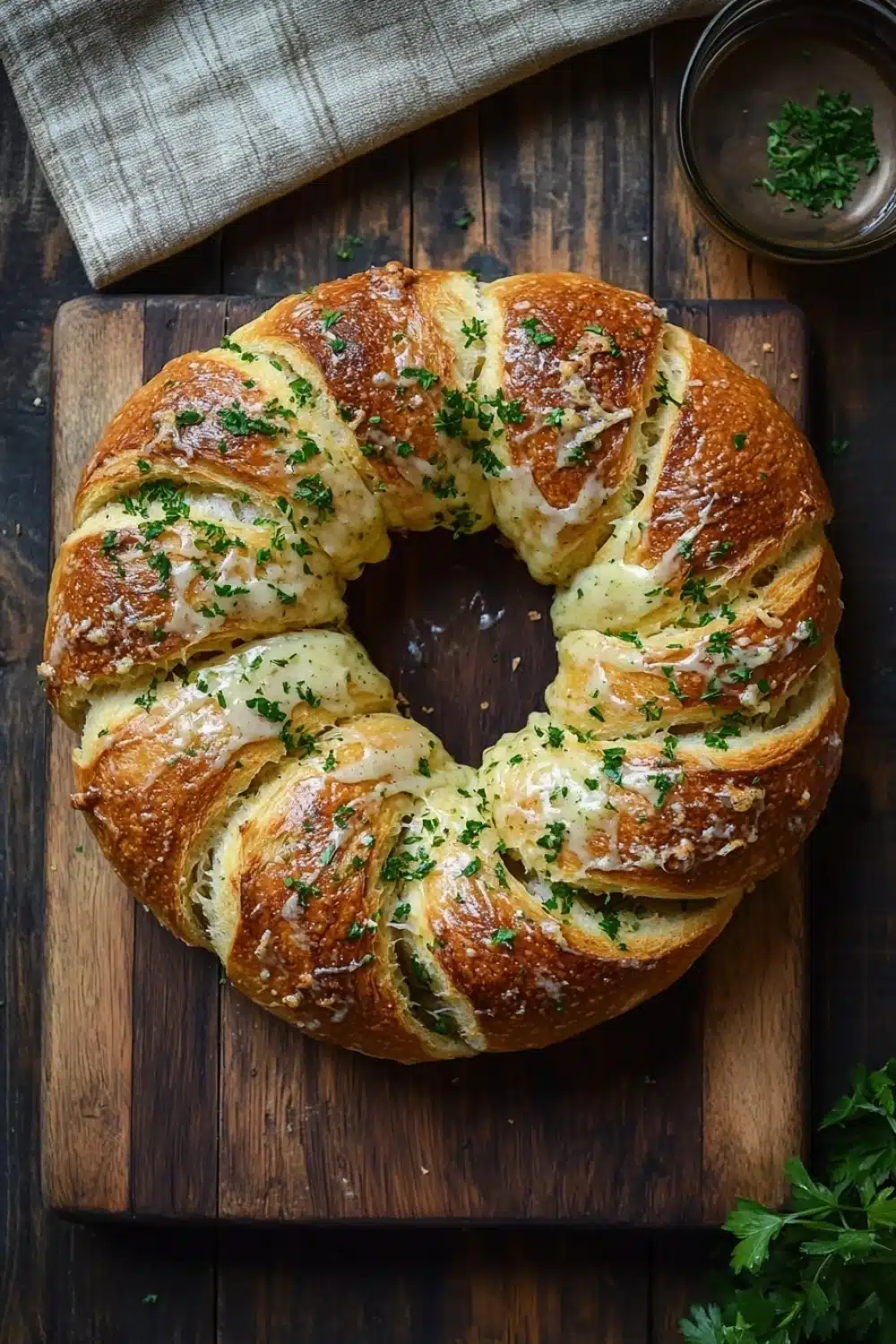 Garlic bread wreath - the image shows a freshly baked loaf of bread on a wooden cutting board. the bread is golden brown in color and has a criss-cross pattern on top. it is topped with a generous amount of melted cheese and sprinkled with chopped herbs. there is a small bowl of chopped parsley on the right side of the cutting board and a beige cloth napkin on the left side. the cutting board is placed on a dark wooden table.
