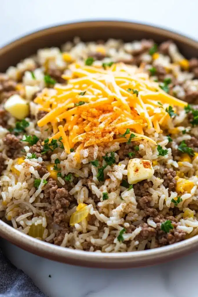Garlic butter beef rice skillet - the image is a close-up of a bowl of food. the bowl is made of ceramic and is sitting on a white marble countertop. the food appears to be a dish made with rice, ground beef, and cheese. the rice is white and fluffy, and the ground beef is a dark brown color. the cheese is a bright yellow color and is scattered on top of the rice. there are also small pieces of diced potatoes and chopped parsley scattered throughout the dish. the dish looks freshly cooked and ready to eat.