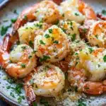 Garlic butter shrimp bake - the image shows a plate of cooked shrimp. the shrimp are orange in color and have a crispy texture. they are arranged in a circular pattern on the plate, with some overlapping each other. the dish is garnished with chopped parsley and grated parmesan cheese. the plate is sitting on a dark grey countertop, and there is a small bowl of white sauce in the background. the overall presentation of the dish is appetizing and visually appealing.