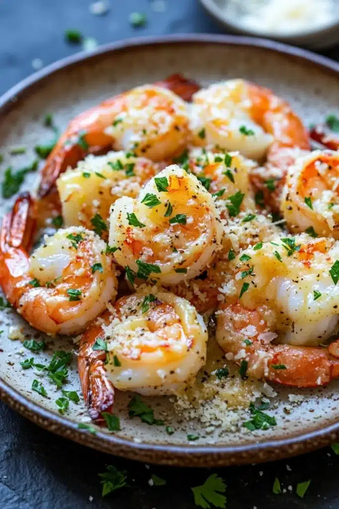 Garlic butter shrimp bake - the image shows a plate of cooked shrimp. the shrimp are orange in color and have a crispy texture. they are arranged in a circular pattern on the plate, with some overlapping each other. the dish is garnished with chopped parsley and grated parmesan cheese. the plate is sitting on a dark grey countertop, and there is a small bowl of white sauce in the background. the overall presentation of the dish is appetizing and visually appealing.